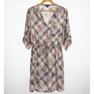 NWT XOXO Dress Sheer Ivory Navy Red Plaid Print V-Neck Tunic Tie Waist Boho M